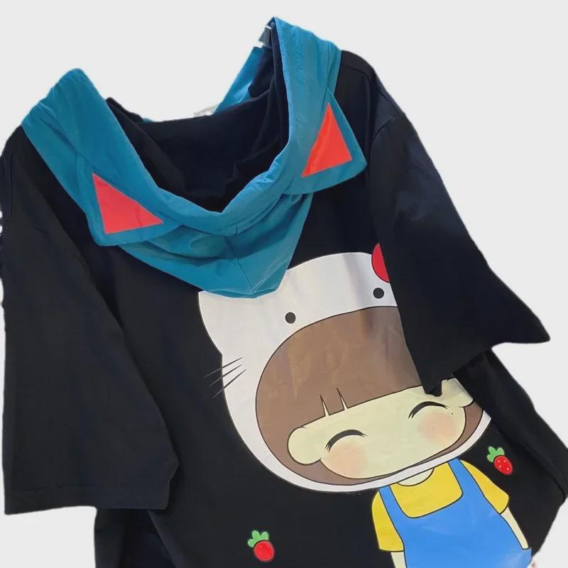 Women's Plus Size Korean Style Casual Loose Short Sleeve Hooded T-Shirt - Summer Design