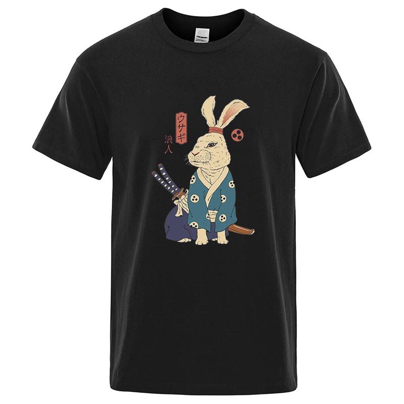 Cotton Blend Short Sleeve Tee Japanese Ukiyoe Samurai Rabbit Print Casual Streetwear Unisex Summer Top Gift For Lovers Unisexunisex