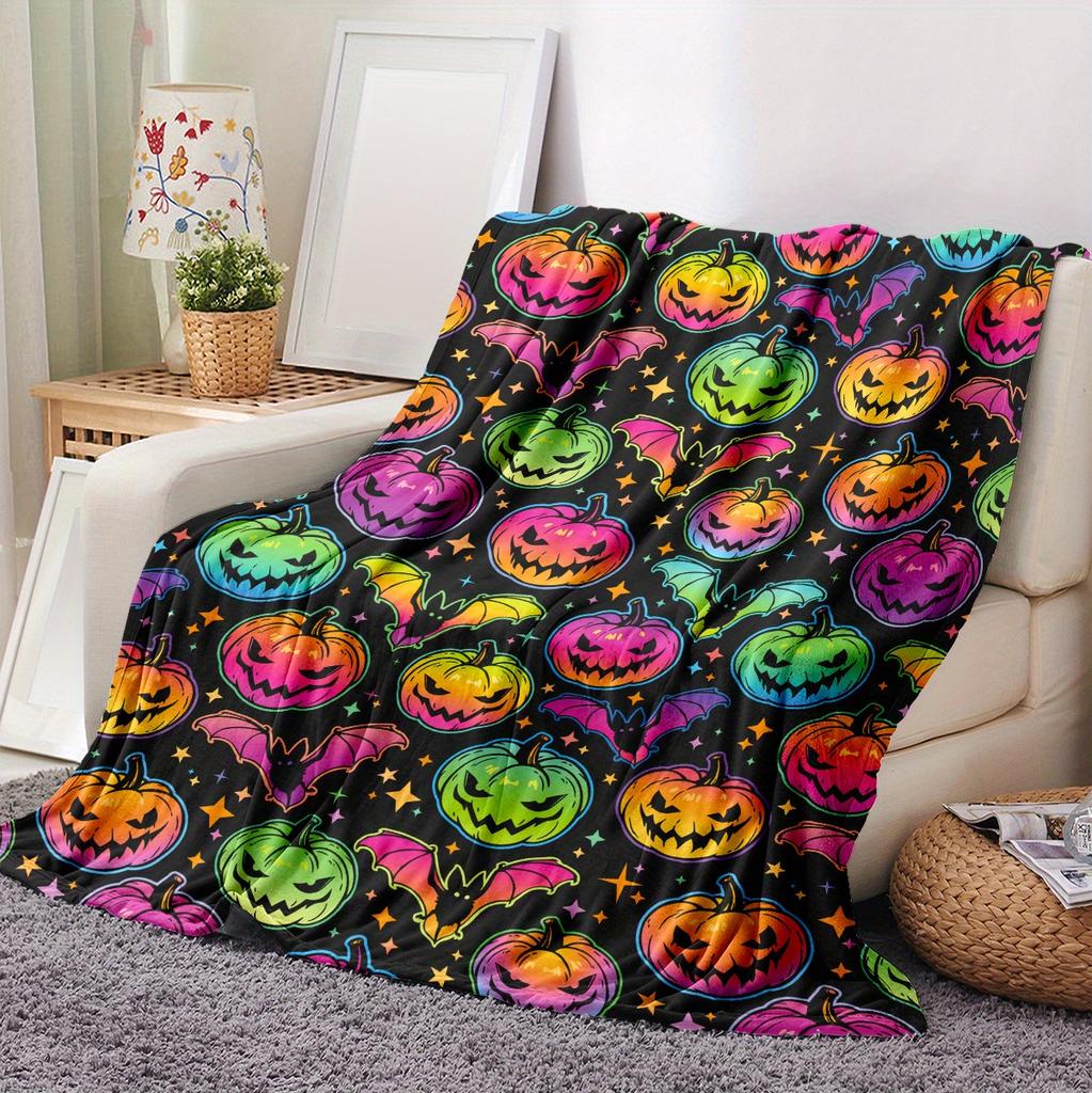 Halloween Pumpkin & Bat 3D Print Flannel Throw Blanket - Cozy, Lightweight for Couch, Bed, Office, and Travel