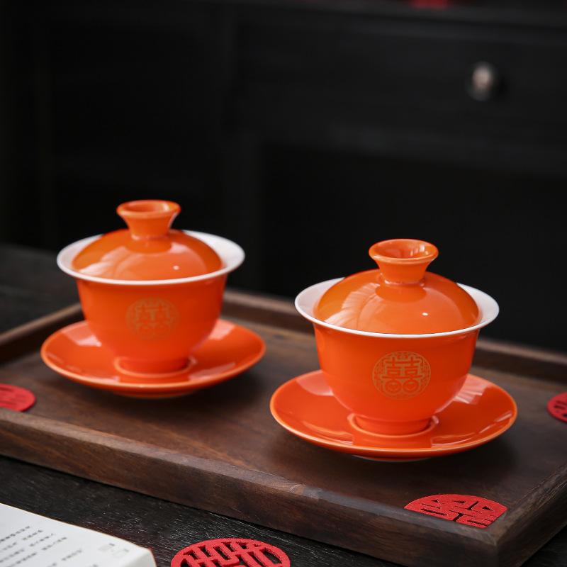Change the Mouth of the Teacup Wedding Set, a Pair of Covered Bowls and Chopsticks, Red Festive Bowl Dowry Tea Set, Wedding Toasting Cup