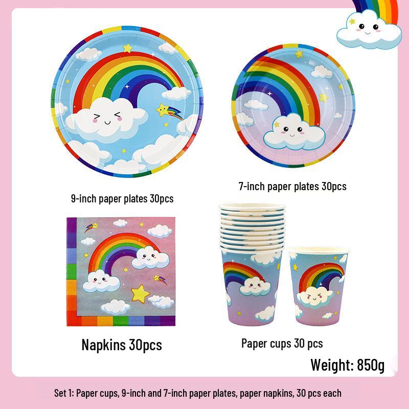 White Cloud Rainbow Disposable Party Set: Plates, Cups & Napkins for Kids' Birthdays