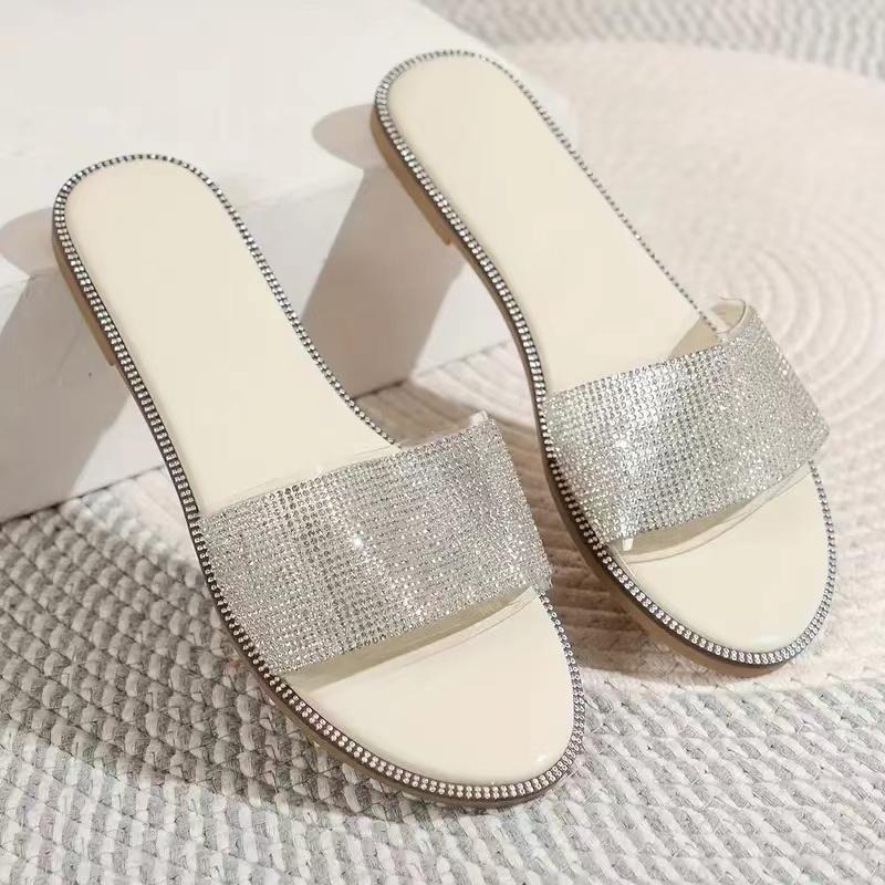 Fashion 2025 Summer Crystal Slippers Women's Sequin Cloth Fashion Flat Sandals Round Toe Shiny Luxurious Comfortable Sandals for Women