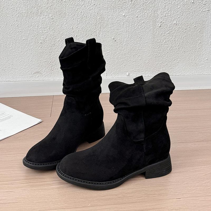 Medium boots pleated thick heel no thin V thin pile autumn mouth women's boots western versatile boots women's fashion