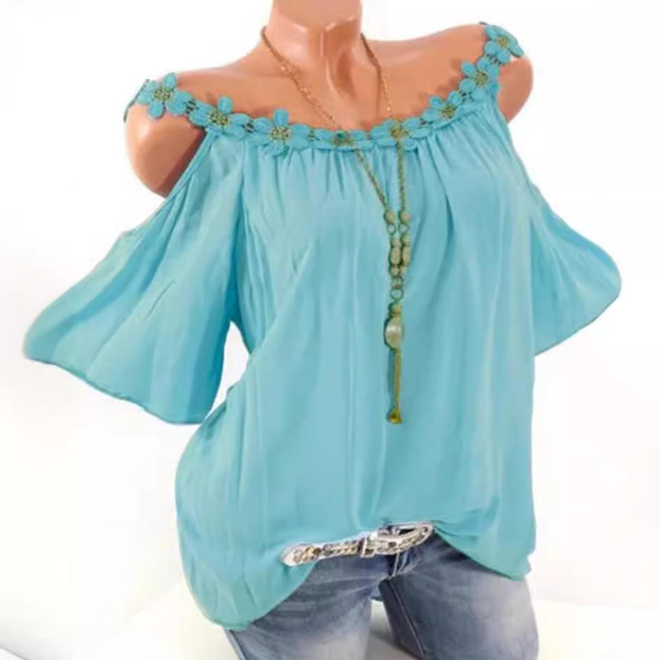 Letní Sexy Dámská Halenka Bez Ramínek Květiny Volná Krátký Rukáv Dámská Elegantní Ležérní Kulatý Výstřih Volné Bílé Topy