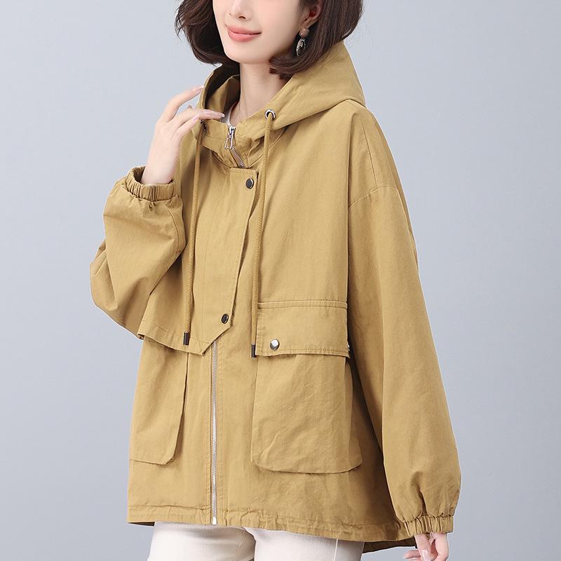 Stylish 2024 Women's Pure Cotton Hooded Jacket – Loose Fit, Plus Size, Casual Short Trench for Middle-Aged Moms