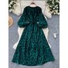 French Style Retro Minority Print Dress Female 2024 Autumn Lace-up Waist-Controlled Round Neck Lantern Sleeve Slimming Long Dress