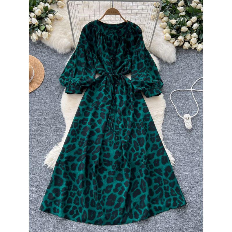 French Style Retro Minority Print Dress Female 2024 Autumn Lace-up Waist-Controlled round Neck Lantern Sleeve Slimming Long Dress