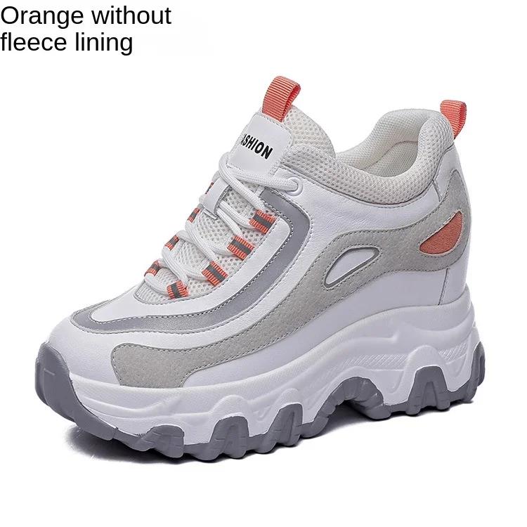 Fashion 9CM Genuine Leather Women Casual Shoes Chunky Sneakers Platform Wedge Heel Women Vulcanized Shoes Women