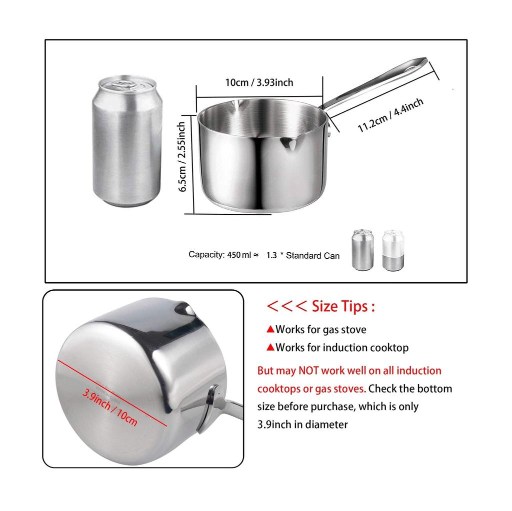 IMEEA Milk Pan, 18-10 Stainless Steel, Induction Cooktop Compatible, 450ml, Mini Milk Pan, Silver