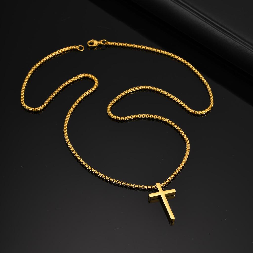 Vnox 60cm Box Chain Cross Pendant Necklaces for Men, Simple Plain Black Silver Gold Color Stainless Steel Thick Cross Collars