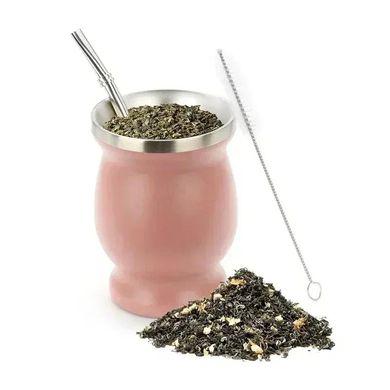 8oz Tea Yerba Mate Cup 304 Inox Double-Wall Insulated Vacuum Stainless Steel Mate Straw Tea Coffee Set With Spoon Brush Bombilla
