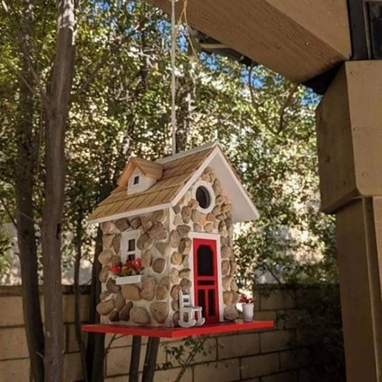Stone Cottage Bird House Outdoor Resin Bird House Decorative Hanging Birdhouse for Garden Patio Courtyard Decoration