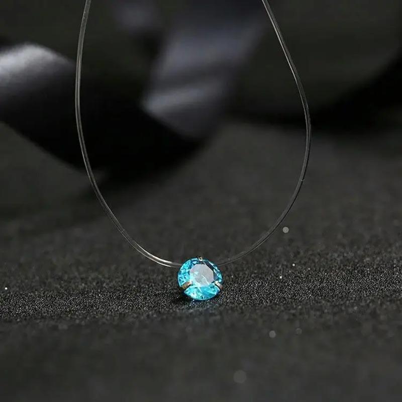 Mode Glanzende Kristallen Ketting Zirconia Hanger Transparante Vislijn Onzichtbare Dames Ketting Sieraden Sleutelbeenketting Choker lichtblauwe kleur