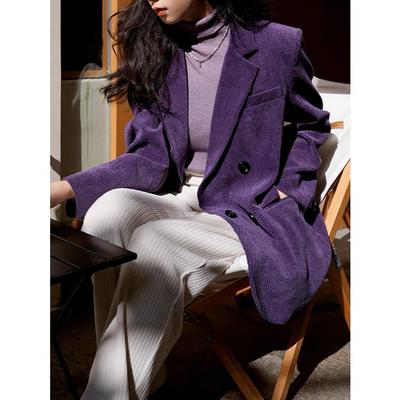 Veste de costume en velours côtelé violet vintage et décontracté pour femme, blazer ample et décontracté avec texture avancée