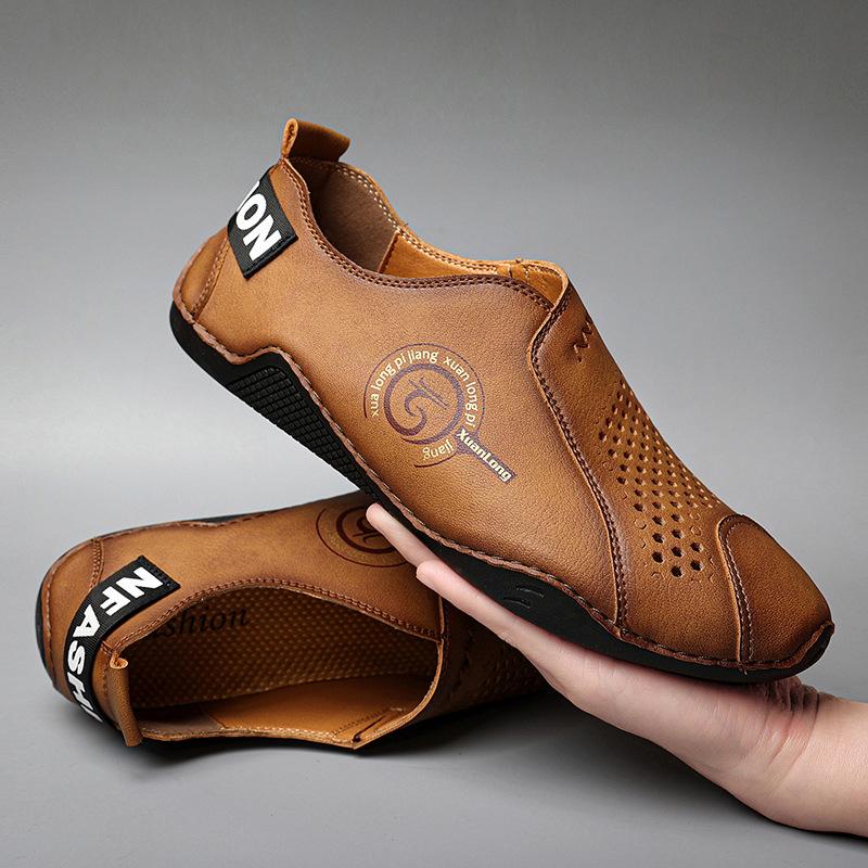 

Summer 2025 New Plus Size Men s Casual Soft Sole Beanie Shoes Hollow Breathable Lazy Man Put-On Men s Leather Shoes 48 светло-коричневого