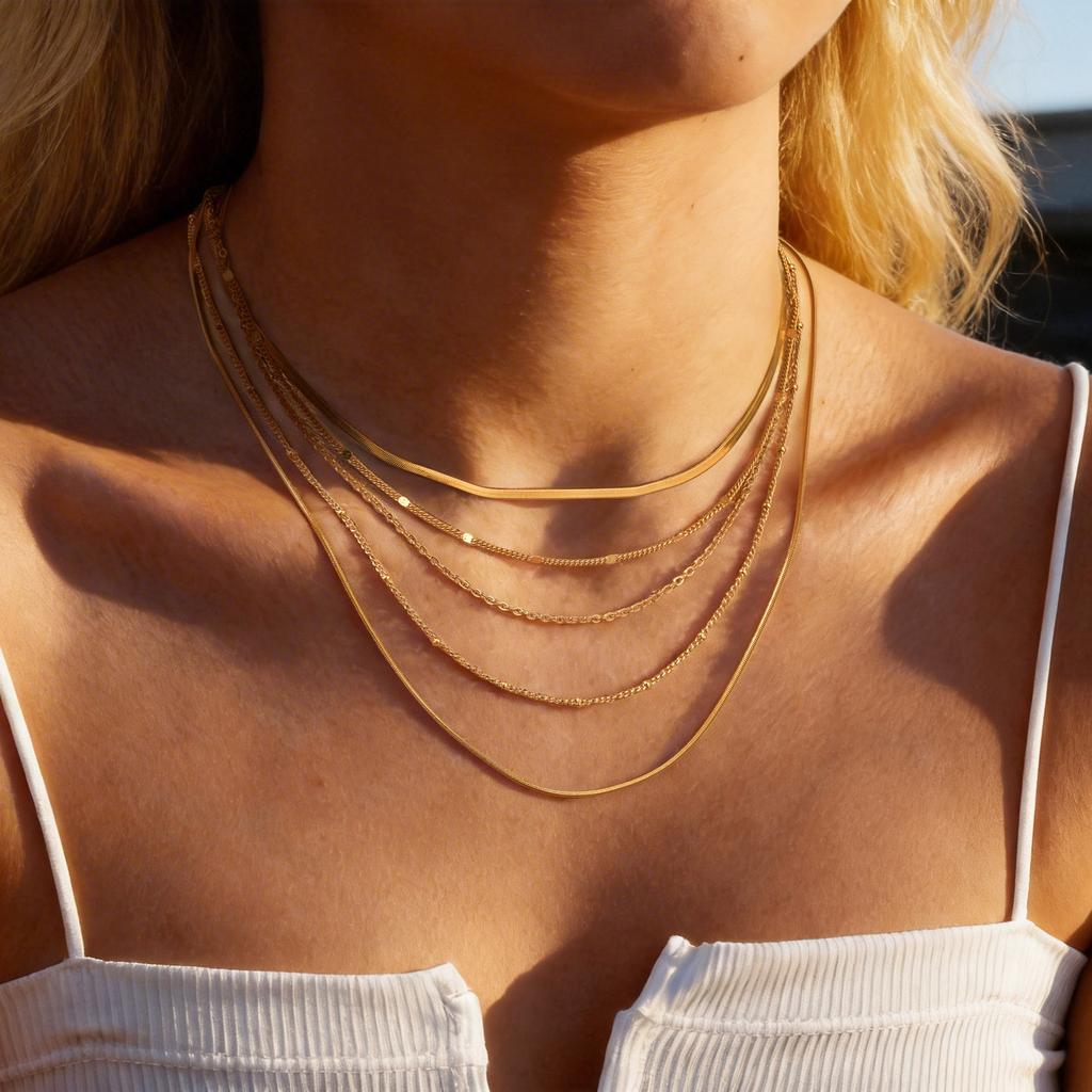 Minimalist Thin Chain Necklace 18K Gold Plated Stainless Steel Tarnish Resistant Waterproof Adjustable Women Layered Necklace