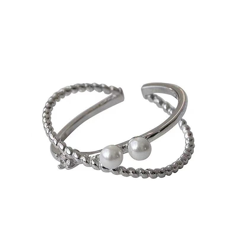 Stylish S925 Silver Pearl Cross Open Ring - Simple, Cool, Light Luxury Style