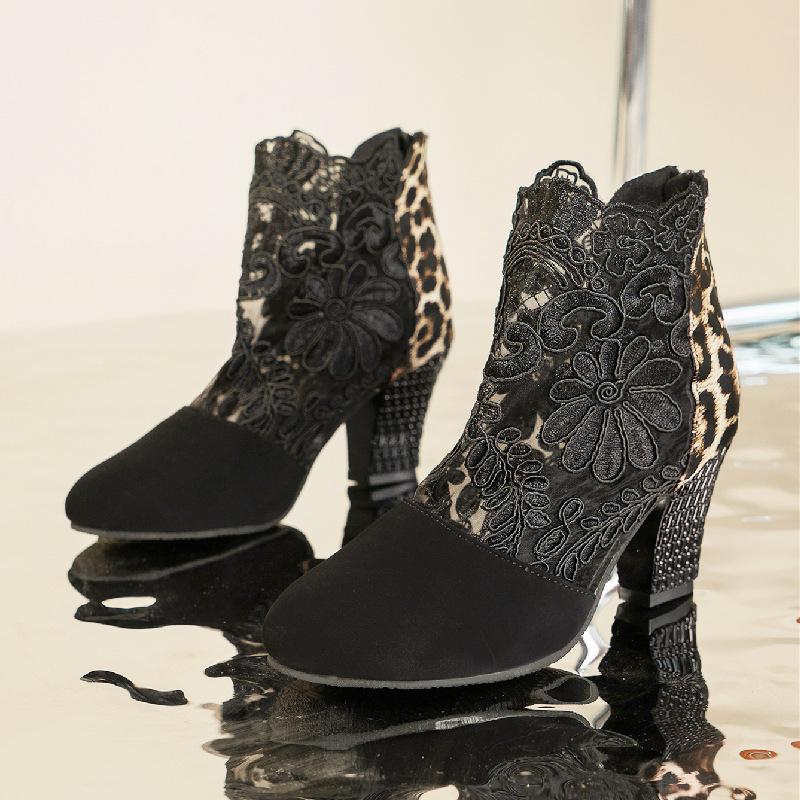 Lace mesh high heel cool boots large size European and American round head thick heel Roman sandals