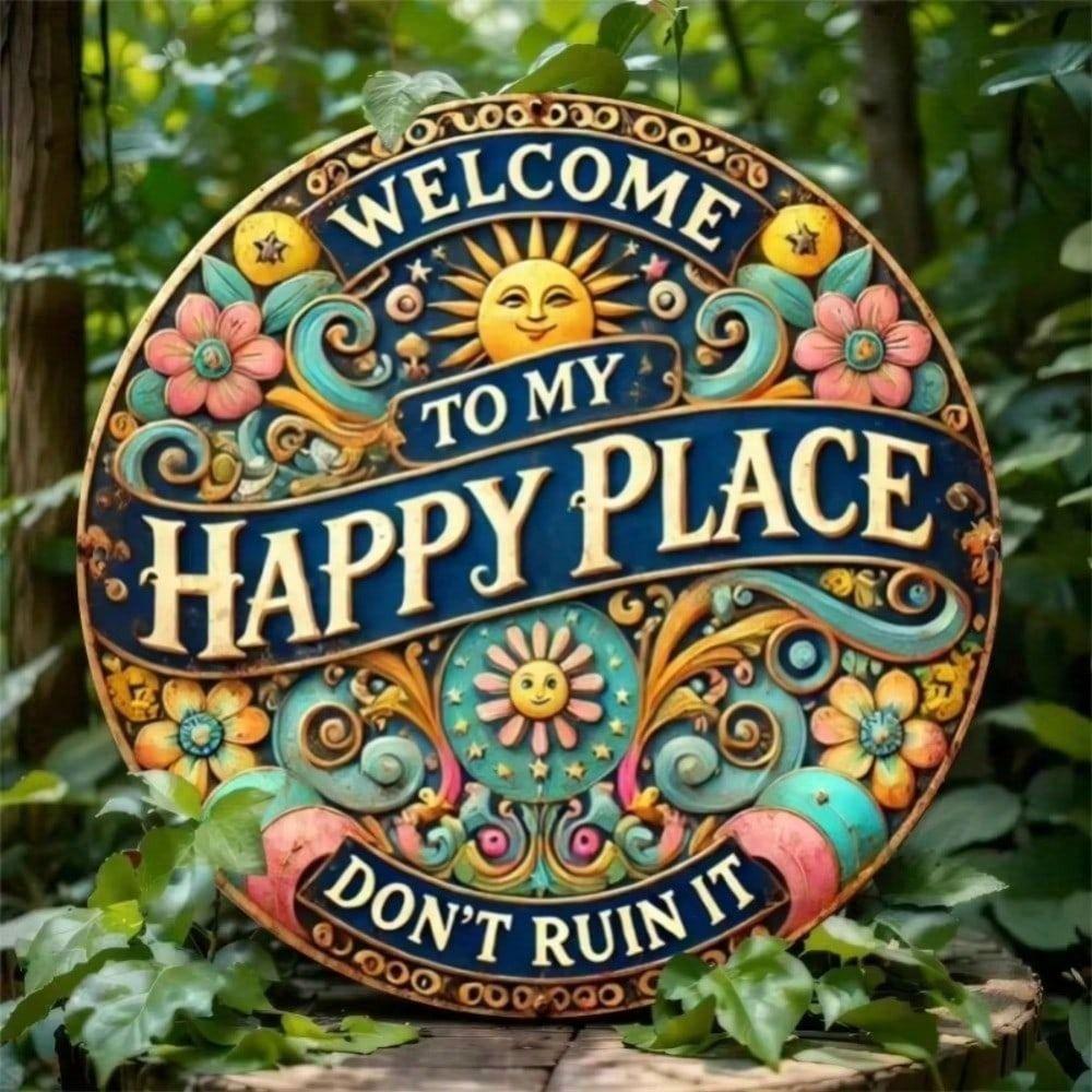 Round Metal Sign Welcome To My Happy Place Living Room Wall Decor