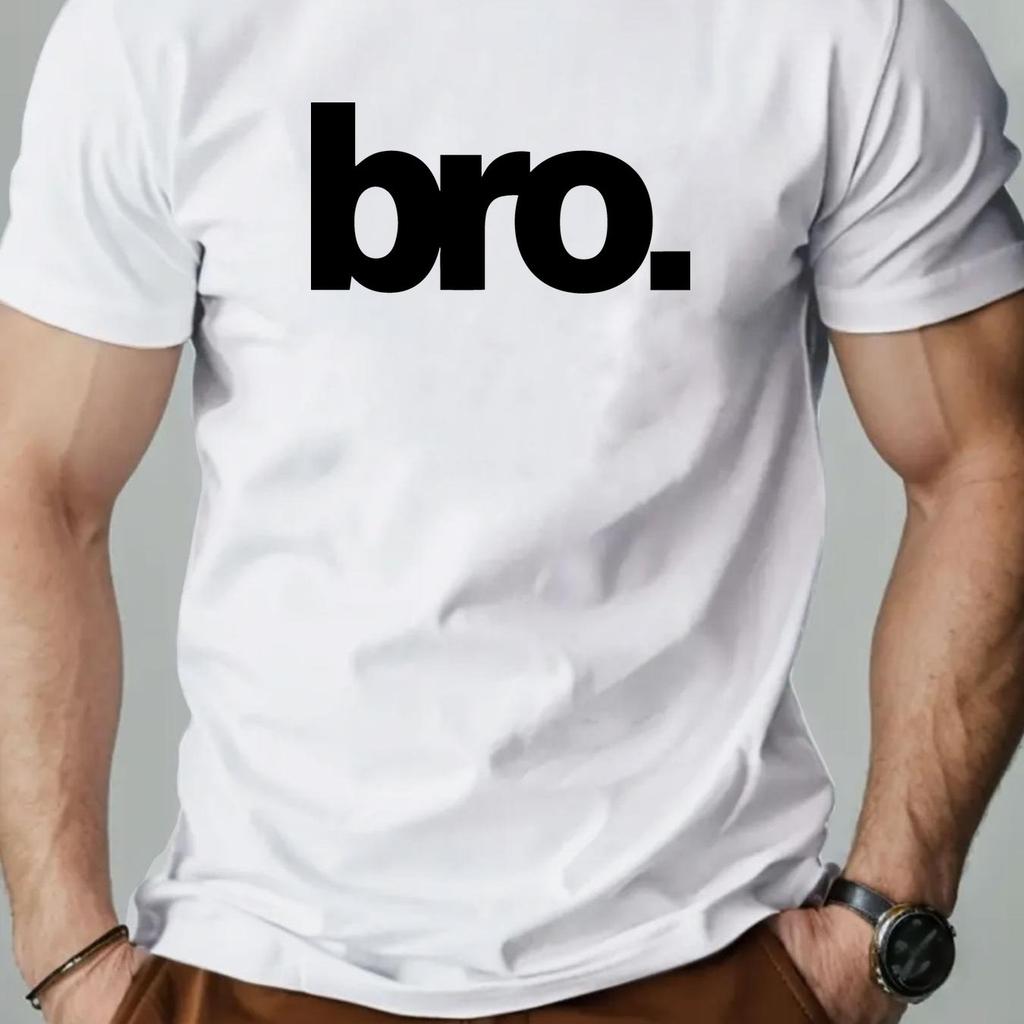 2026 Men Casual Cotton TShirt with Bro Print Crew Neck Short Sleeve Regular Fit Slight Stretch Knit Fabric Men Clothing New