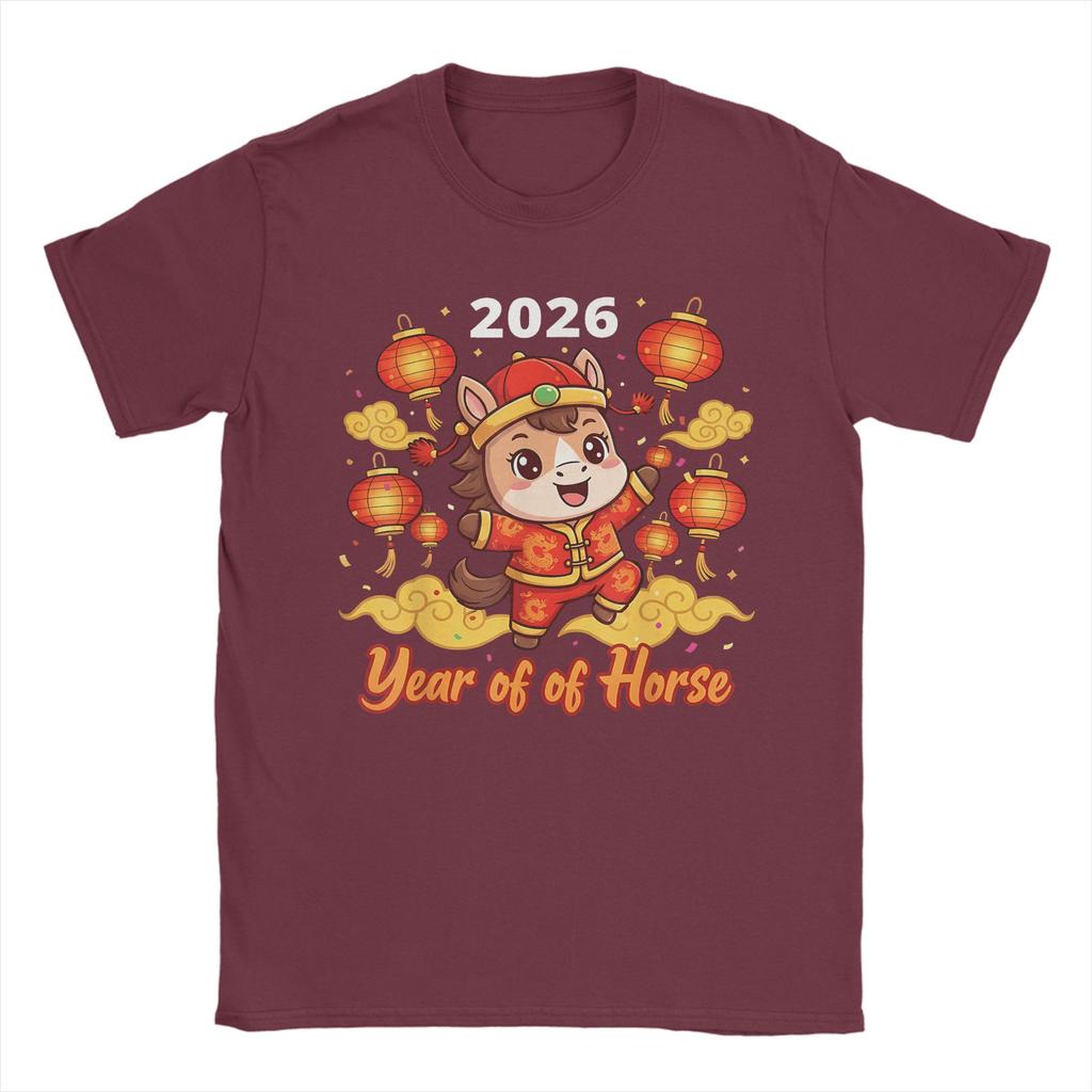 Casual TShirt Beach New Year 2026 Horse Happy Chinese New Year 2026 Hippie T Shirts  Cotton Tee Shirt for Men Y2K Clothing