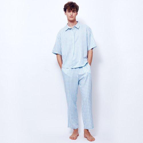 [Sunday Lounge] Unisex Lilac Blue Check Loungewear Short Set SJMBB701-LB [Shipped from Korea] 100% Authentic