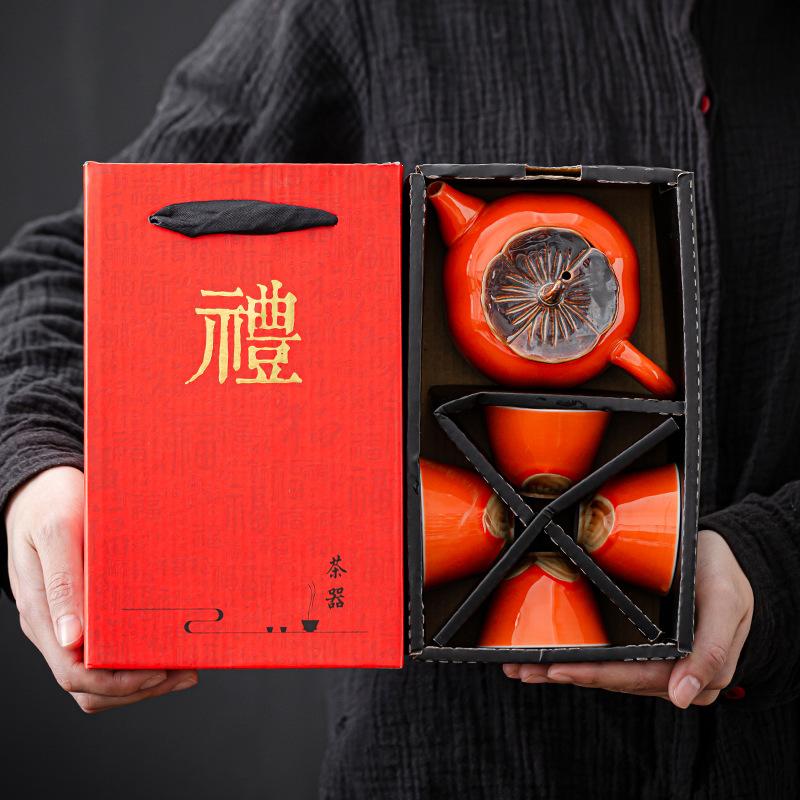 Souvenir Persimmon Tea Set, Everything Goes Well, Persimmon Persimmon Outdoor Travel Teapot Ceramic Small Gift, One Pot and Two Cups