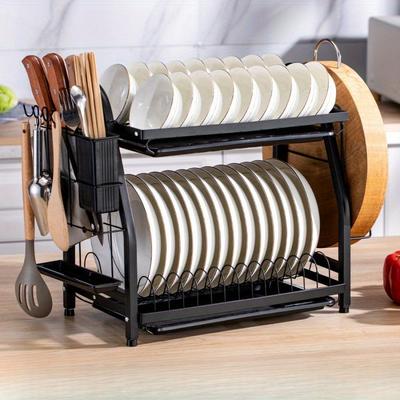 Multifunctional Kitchen Dish Drying Rack, Bowl & Chopstick Storage Organizer with Drain Board, Countertop Sink Side Space Saver