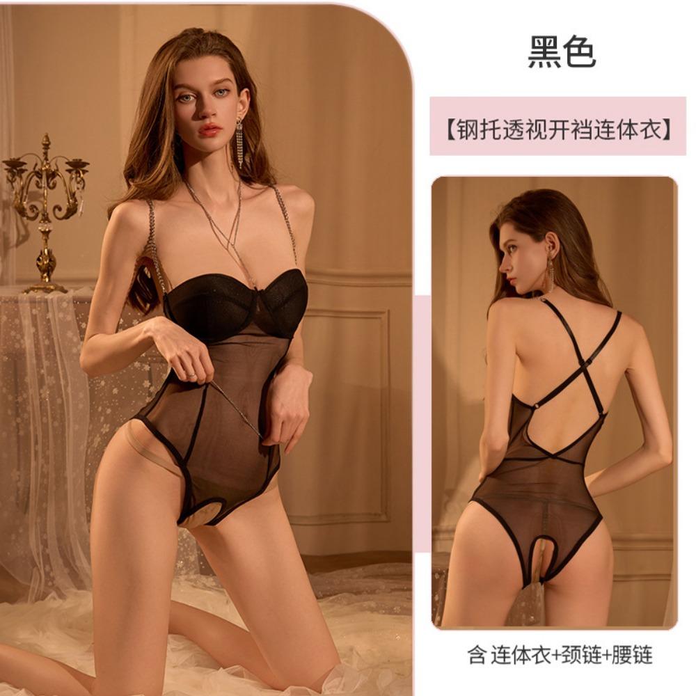 Large Size Erotic Underwear Sexy Temptation Chest Pad Gathering Pajamas Free Open Pants Female Temptation with Steel Rim Onesie