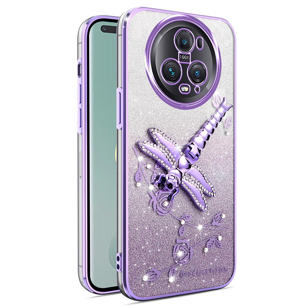 

For Honor Magic5 Pro Case Dragonfly Kickstand TPU Flowers Glitter Phone Cover Purple