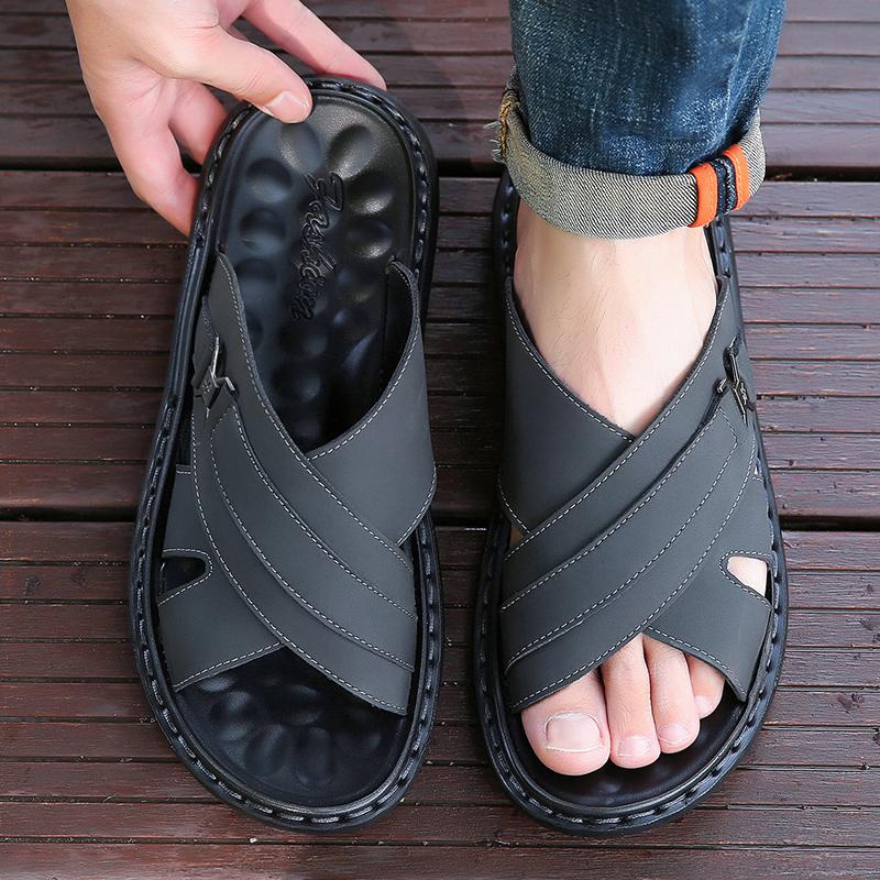 Men Black Leather Slippers Simple Flats Summer Brown Outdoor Roman Sandals Outdoor Beach Shoes Over Sized