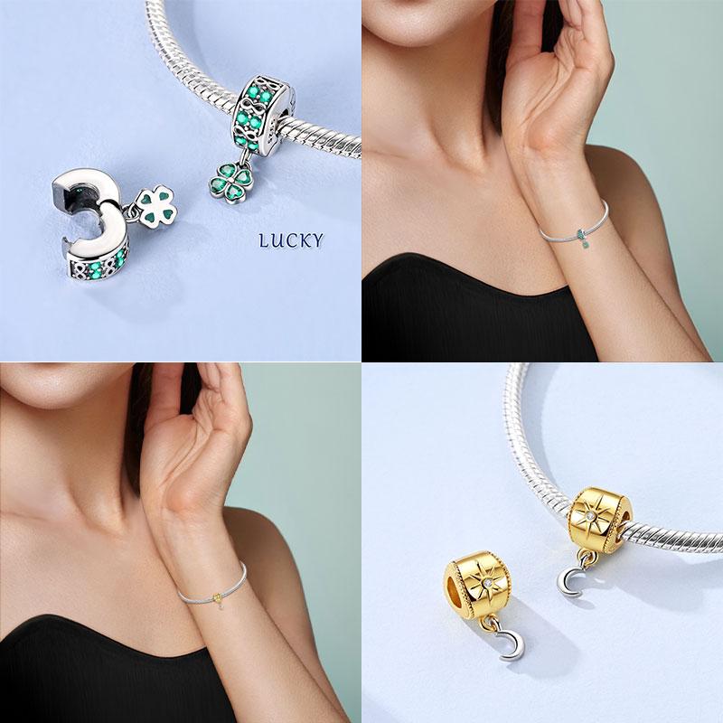Copper Charms Infinite Lucky Four-Leaf Crop Fixed Clip Beads Pendant Fit Original Bracelet Diy Jewelry For Women
