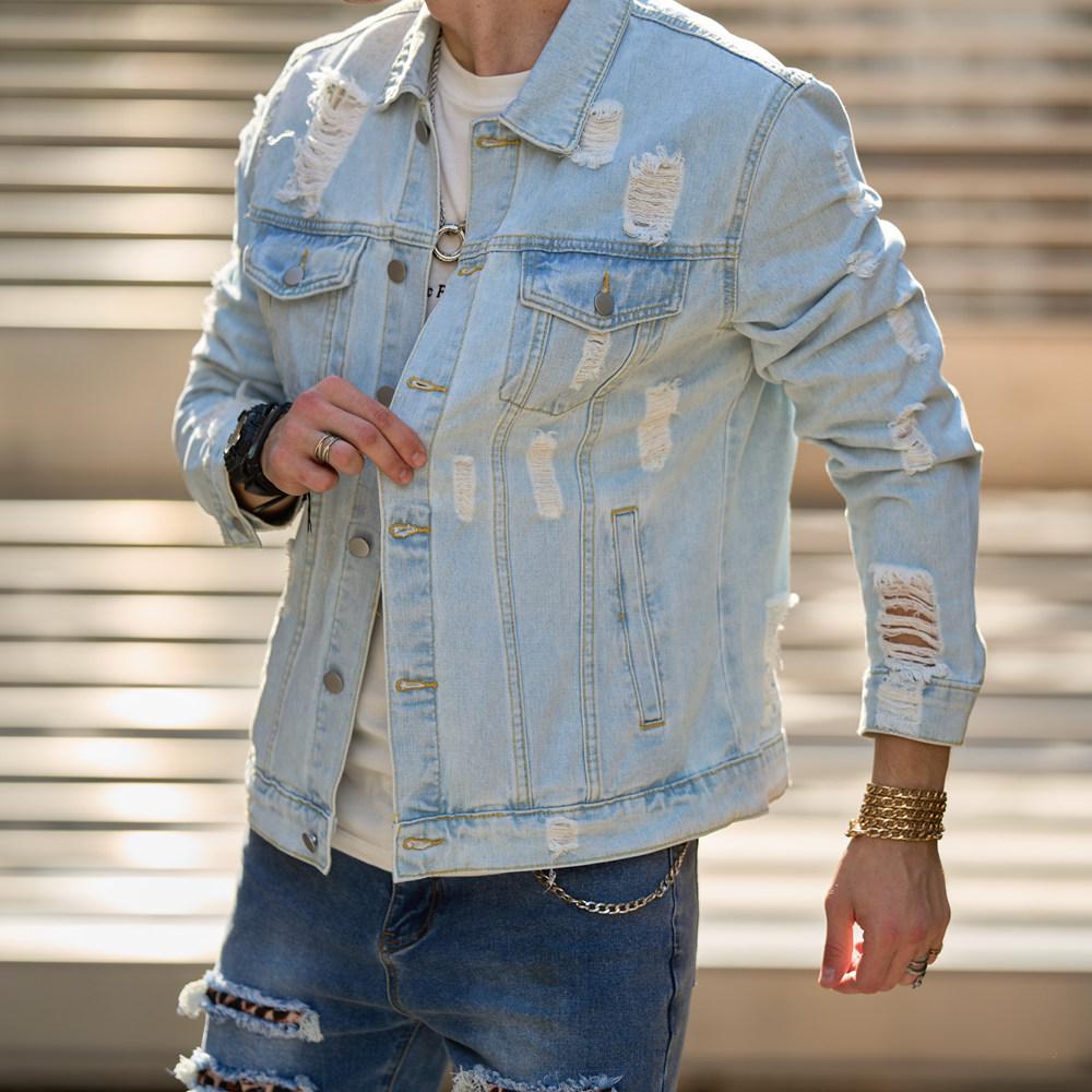 Chaqueta vaquera ajustada con agujeros sólidos para hombre, ropa de calle de otoño, abrigo informal de alta calidad, talla grande