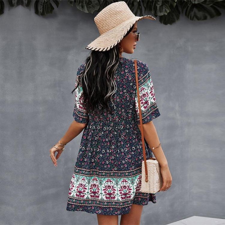 Bohemian Women Short Sleeve Print Casual Sexy Dress V Neck Spring Summer Beige Green Navy Blue S M L XL