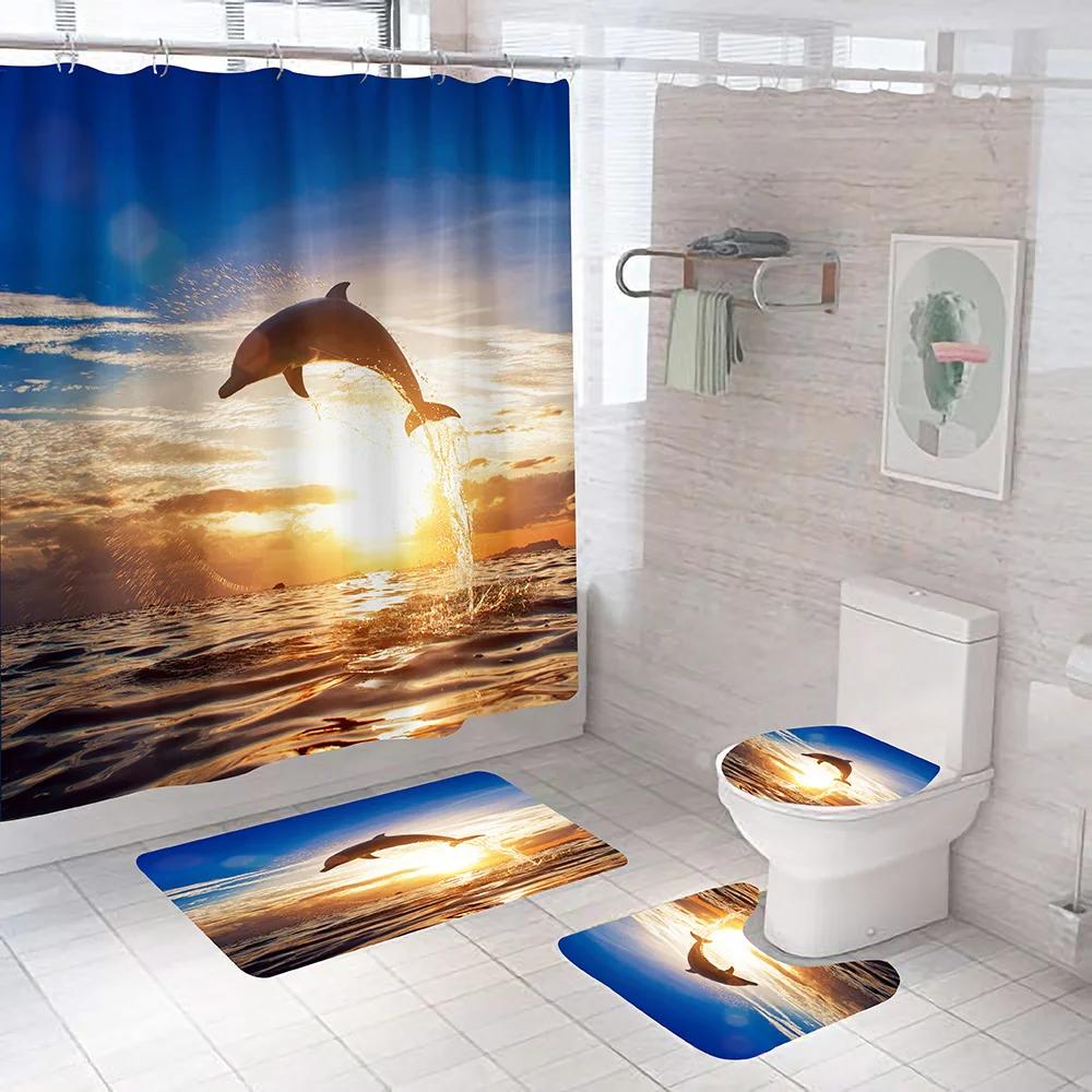 Ocean Dolphin Bathroom Set Animal Waterproof Fabric Shower Curtain Set Sea Scenery Pedestal Rugs Flannel Toilet Cover Bath Mats