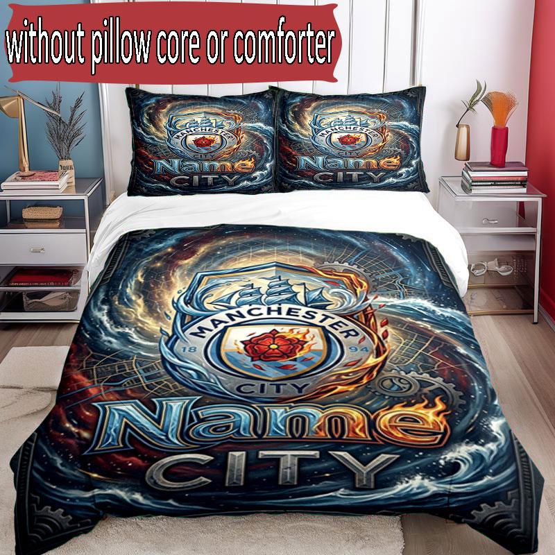 3pcs Duvet Cover Set (1*Duvet Cover + 2*Pillowcase, Without Core), Custom Name Manchester City Pattern Bedding Set, Home Bedroom Decor Gift