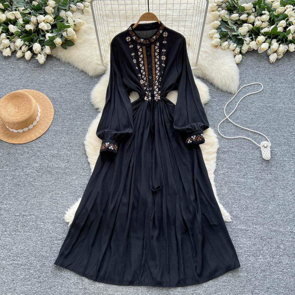

Платье в ретро этническом стиле с тяжелой вышивкой для женщин, модное, с кисточками на талии, приталенное, богемное, драпированное, с большим подолом, пляжное, длинное One Size чёрный