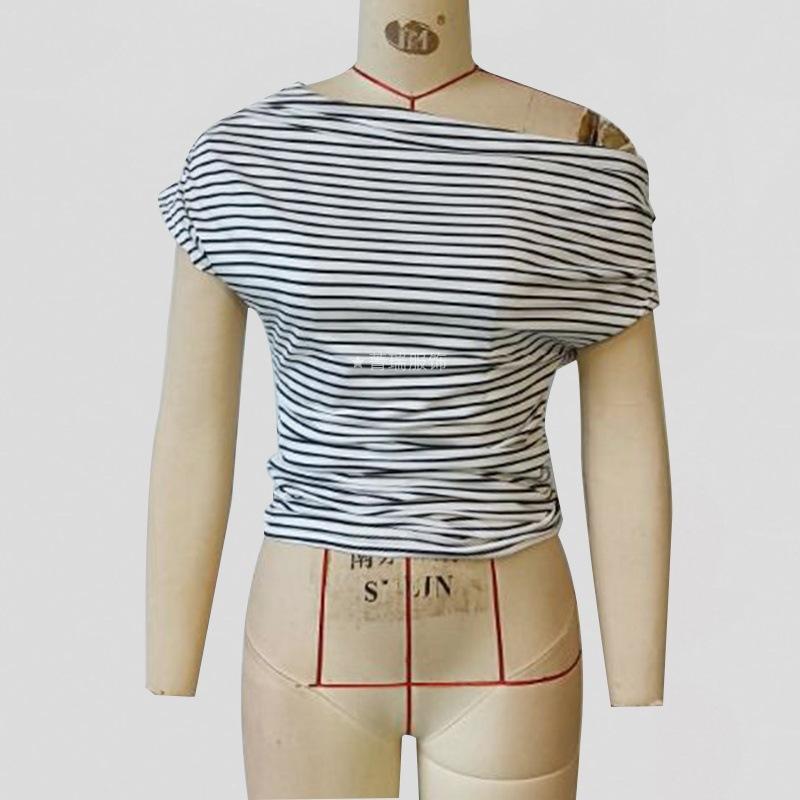 Women's Summer Slant Neck Striped Spice Girls Slim-fit Off-the-shoulder Short-sleeved T-shirt