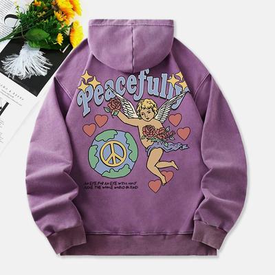 Friedlich Gewaschener Hoodie Damen Engel Liebe Aufdruck Baumwoll-Sweatshirt Distressed Tasche Oversize Pullover Damenkleidung