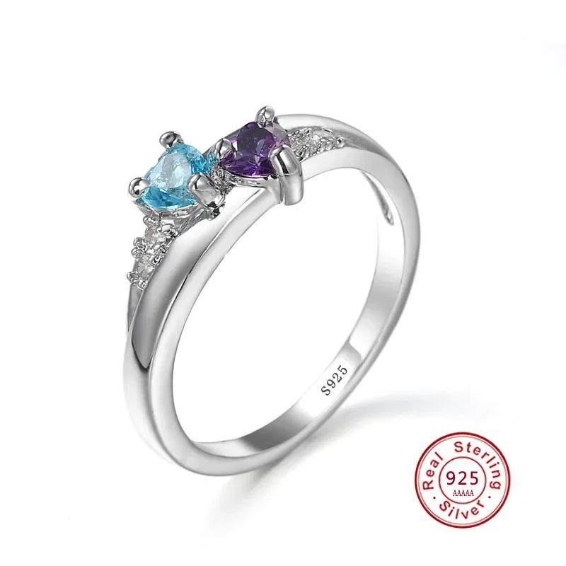 Двойное Сердце Новый Фиолетово-Синий 100% Стерлинговое Серебро Кольцо Сердце Любви Романтическое Кольцо на Палец из Стерлингового Серебра для Женщин Свадьба 10