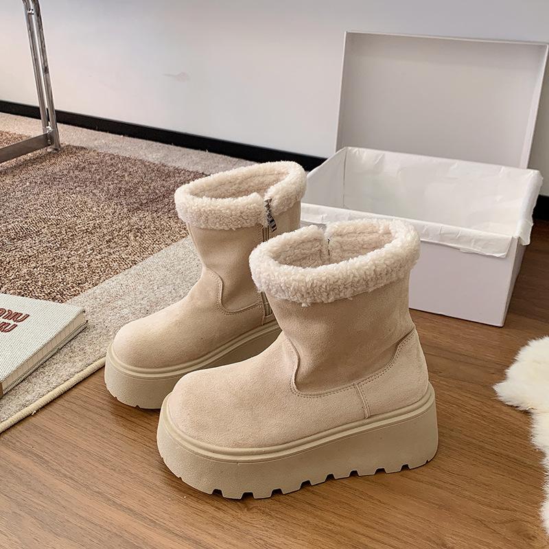 

Утолщенная подошва с увеличением высоты, набивные и утолщенные ретро-зимние сапоги для женской зимы 2025 года, новые универсальные пушистые кольца, северо-восточные хлопковые сапоги 41 бежевый