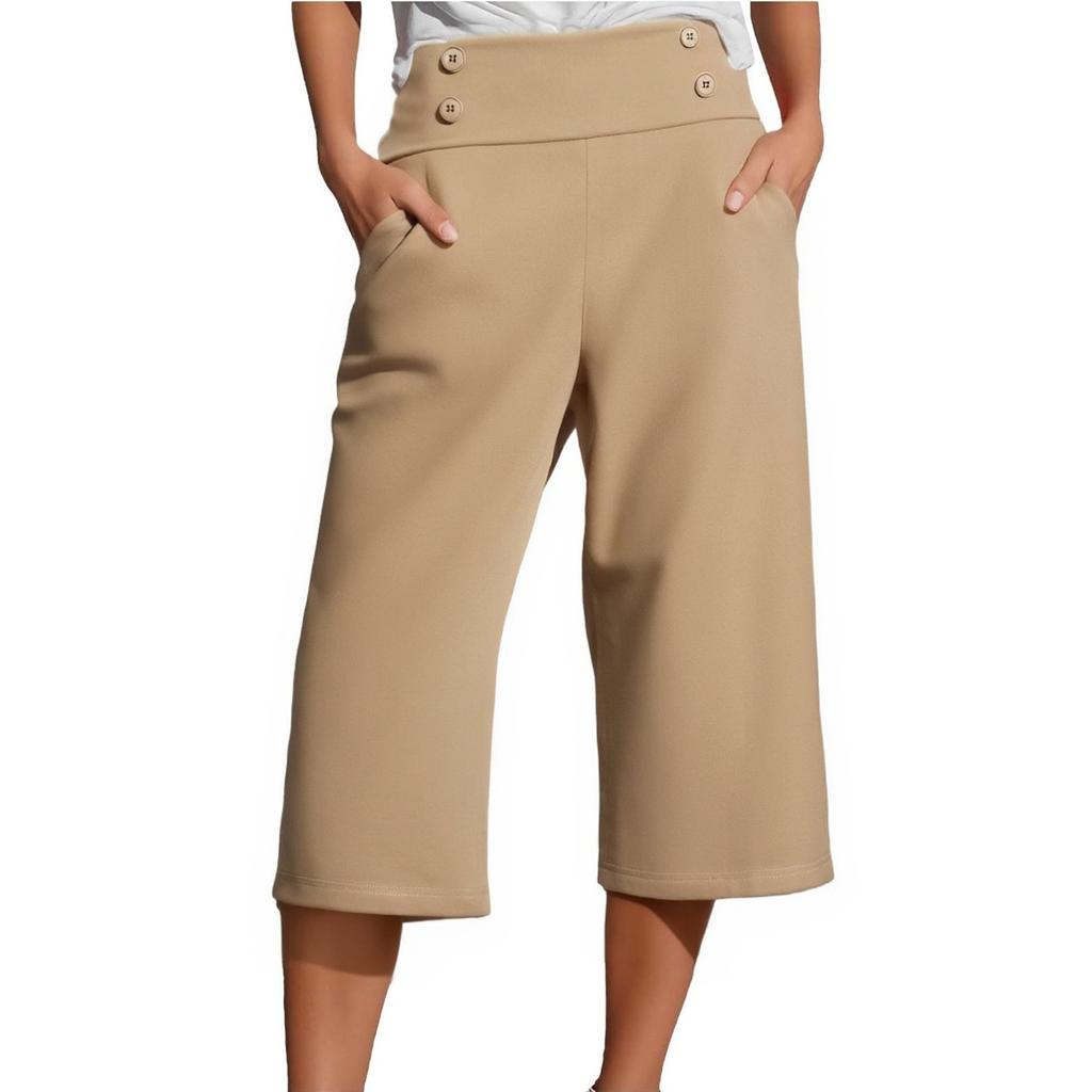 Women's Fashionable Solid Color Button Pocket Pants With High Waist Sports Yoga Casual Cropped Pants