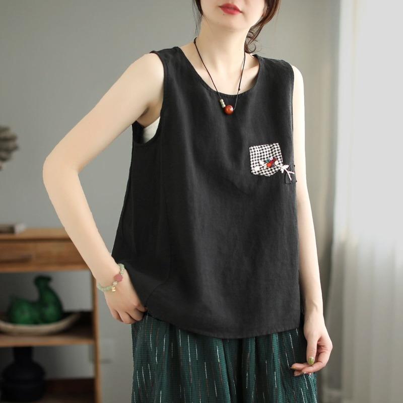 Cotton Linen Vests & Waistcoats Embroidered Camisole Vest for Women Loose Fitting Sleeveless Top T-Shirts Women’s
