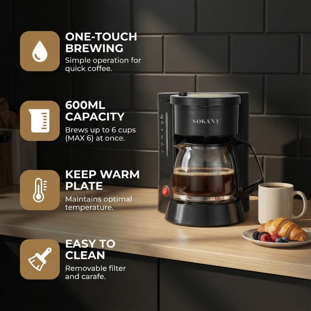 Kompakte 600ml Filterkaffeemaschine 6 Tassen Kapazität für den Heimgebrauch Inklusive Permanentfilter 450W