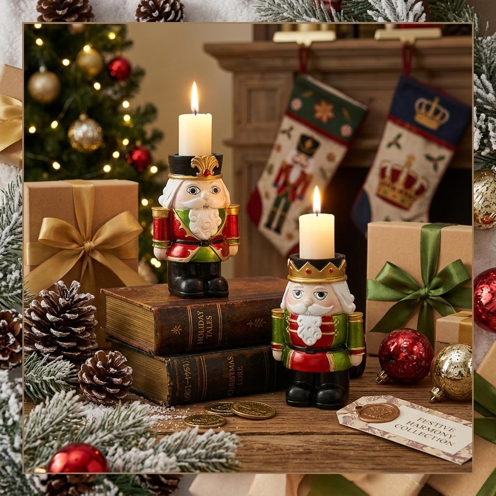Nutcracker Candle Holder Set of 2 Resin Hand‑Painted Christmas Nutcracker Figurine Candle Holders for Xmas Table Mantel Decor red/green