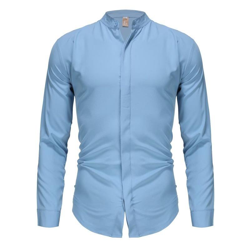 Mens Stand Collar Non Iron Slim Fit Long Sleeve Cool Casual Shirt