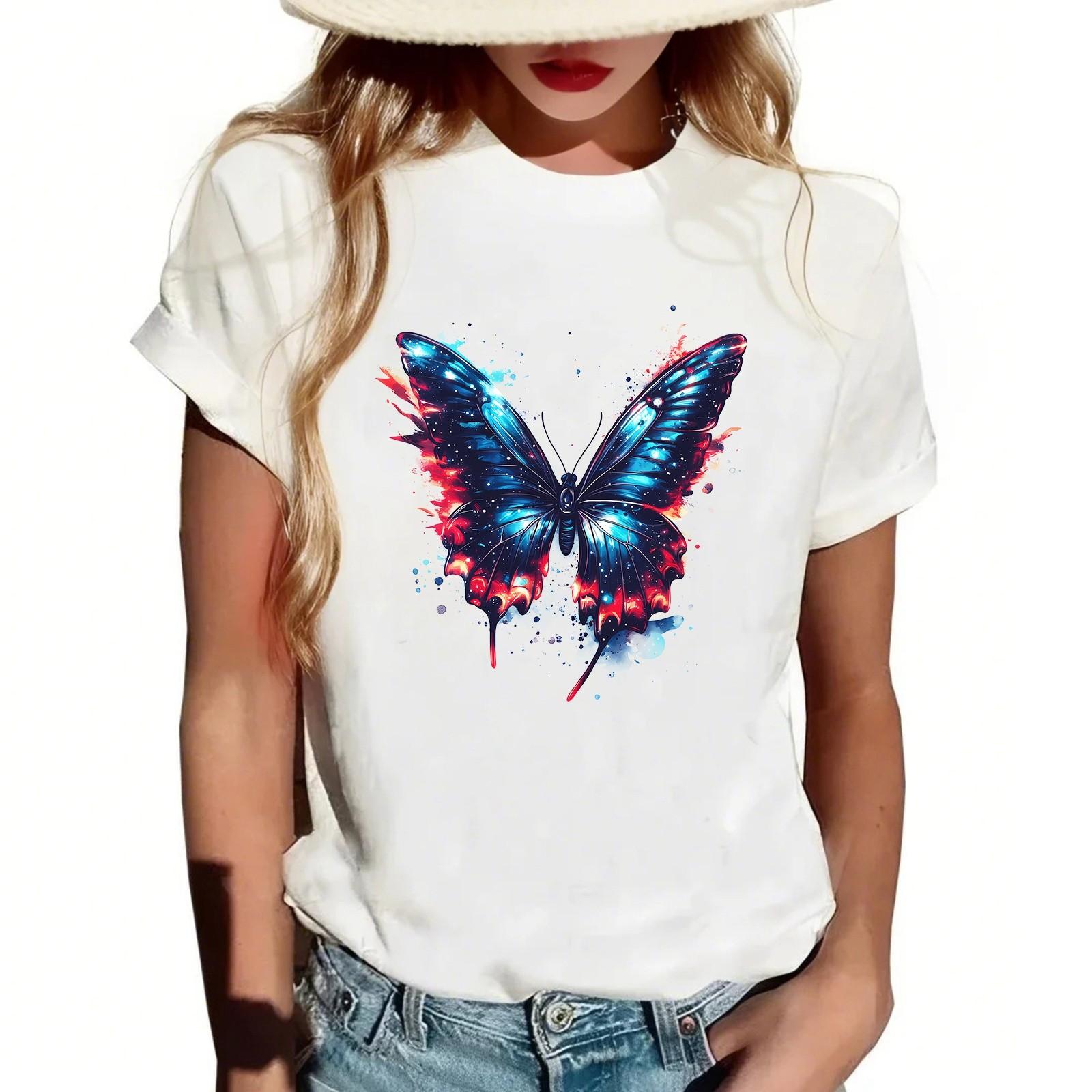 

Женская повседневная футболка с круглым вырезом и короткими рукавами с принтом L синий