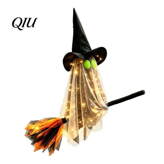 Illuminated Ghost Tree Ornaments Halloween Flying with Witch Broom, Large Lighted Hanging Decoration Indoor Party Wall Decorations Hat for Lawn Patio