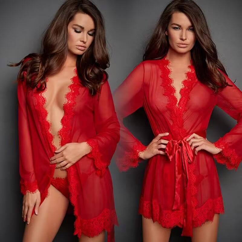 Women's Sexy Lingerie Dress Set V Neck Long Sleeved Nightwear Sleepwear Babydoll with G-string