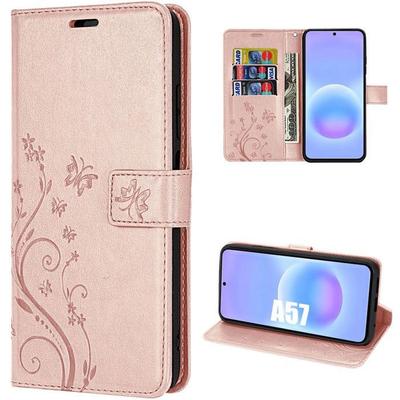 Funda para Samsung Galaxy A57 5G, Protección Anti-Rayaduras Piel Sintética Rosa Patrón Mariposa Planta
